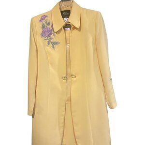 Milano Pastel Yellow Trench Coat with Lavender Embroidery